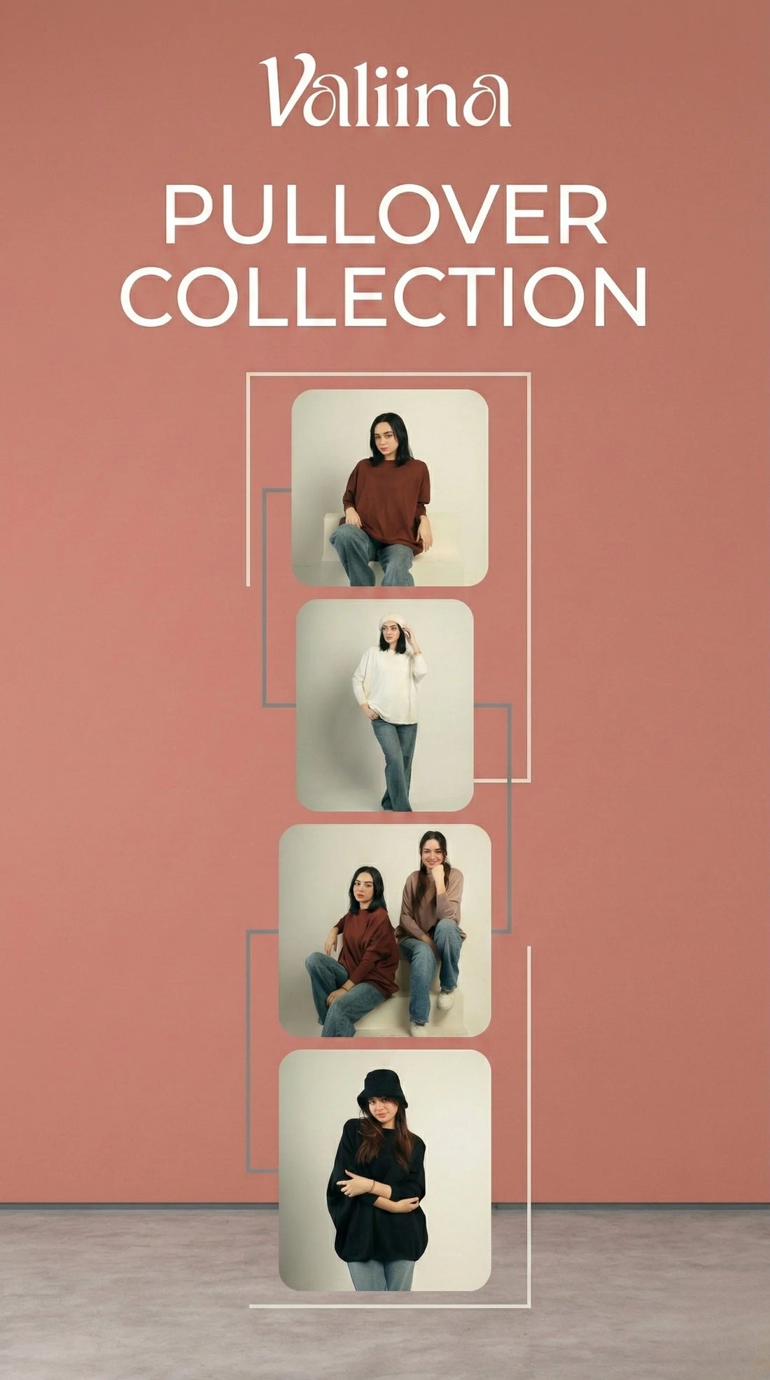 Valiina pullover collection with models wearing various outfits against a plain background