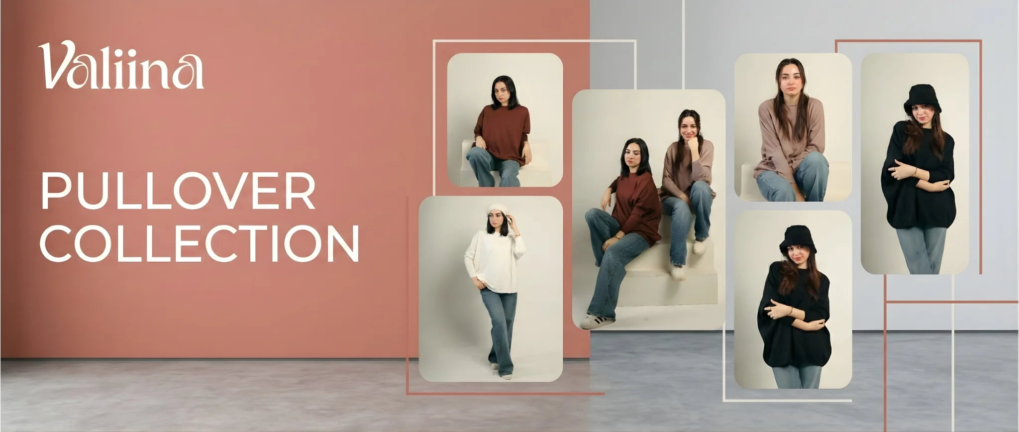 Valiina pullover collection with models wearing various outfits against a plain background